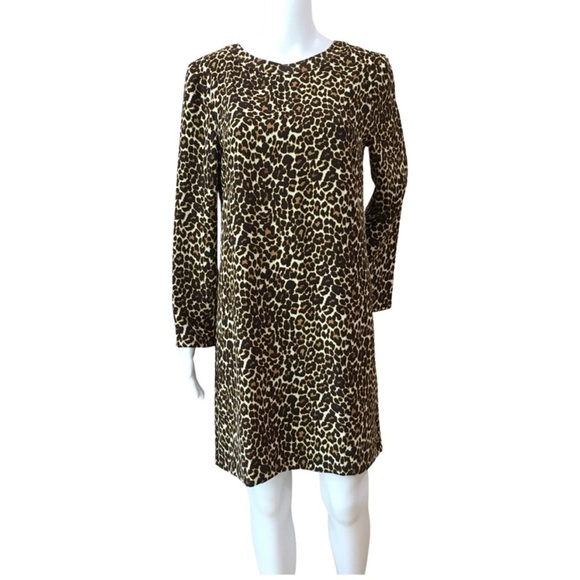 NWT j. Crew dress shift crape leopard Animal Printed long sleeve brown K2150 - Picture 3 of 9